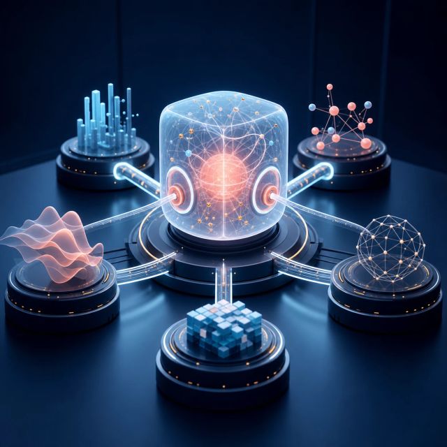 A translucent coordinator core routes tasks to several distinct expert model nodes
