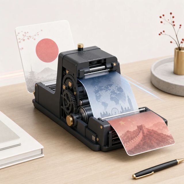 A compact translation engine moves blank language cards between Japanese, English, and Chinese contexts