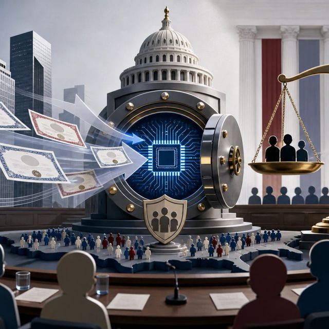 Abstract stock certificates move from corporate towers into a public fund vault beside civic scales and AI chip imagery