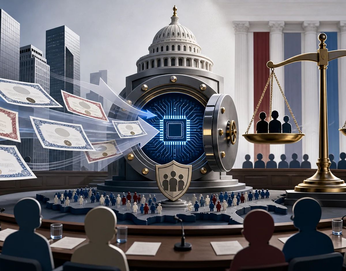 Abstract stock certificates move from corporate towers into a public fund vault beside civic scales and AI chip imagery