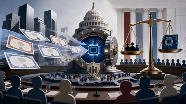 Abstract stock certificates move from corporate towers into a public fund vault beside civic scales and AI chip imagery