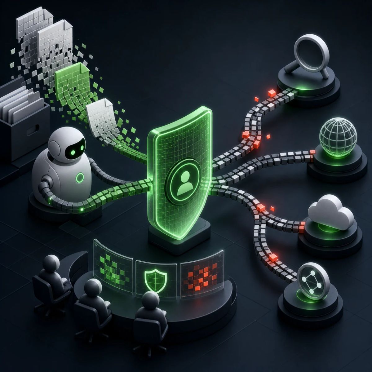 A research agent routes private document fragments into public search queries while privacy filters monitor the outgoing trail