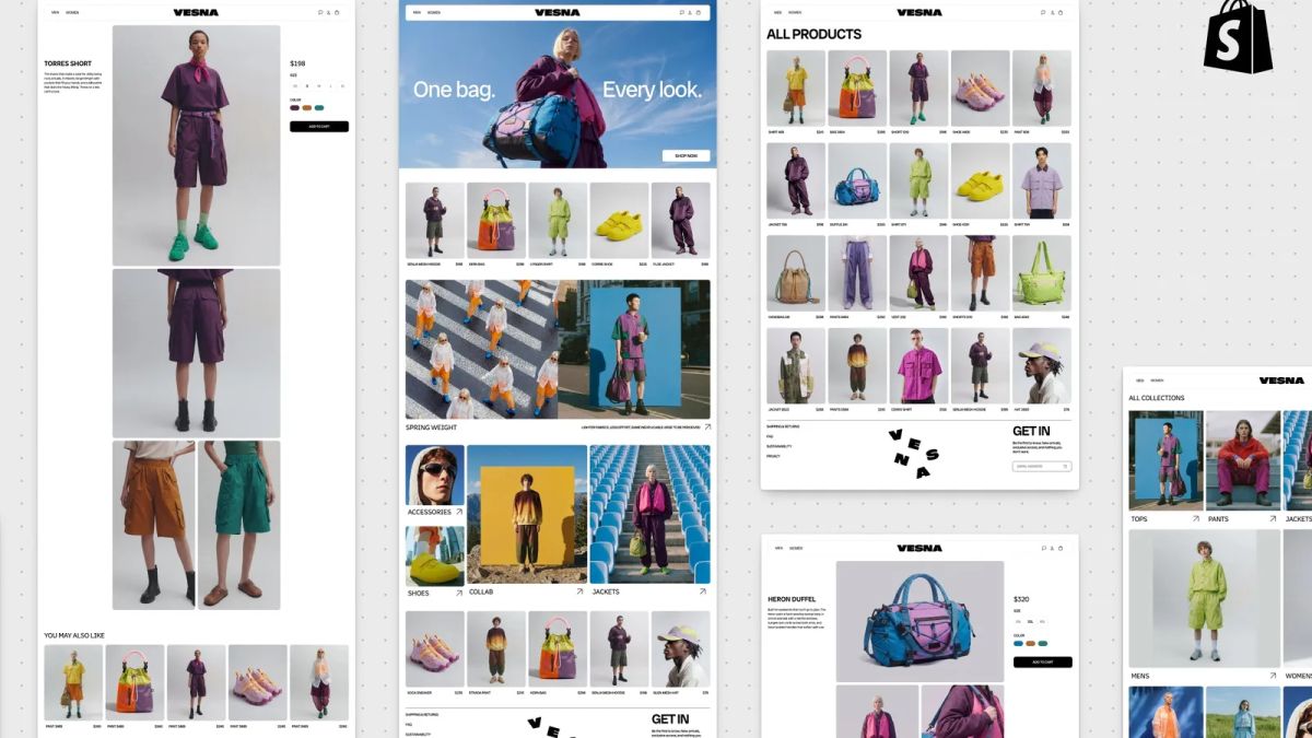 VESNA product, homepage and collection pages arranged side by side in Shopify's Canvas workspace
