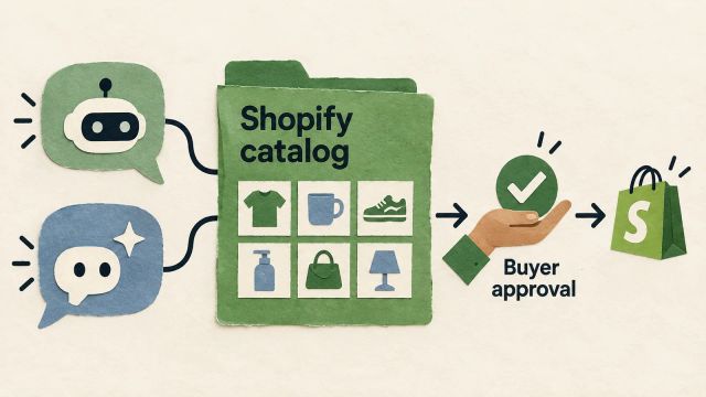 Paper-cut illustration of two AI agents connected to a Shopify catalog, followed by buyer approval and a shopping bag