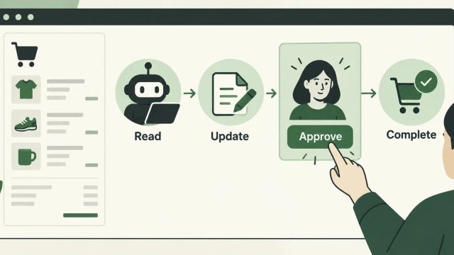 Illustration of an agent reading and updating a checkout before a buyer approves the purchase