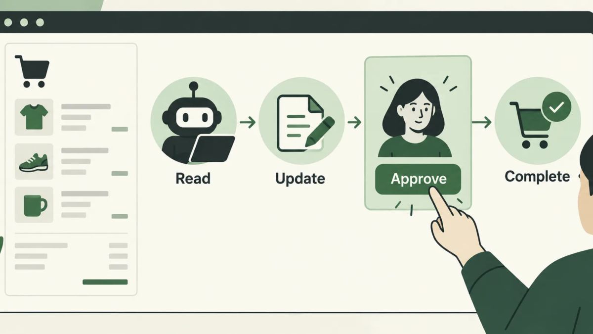 Illustration of an agent reading and updating a checkout before a buyer approves the purchase