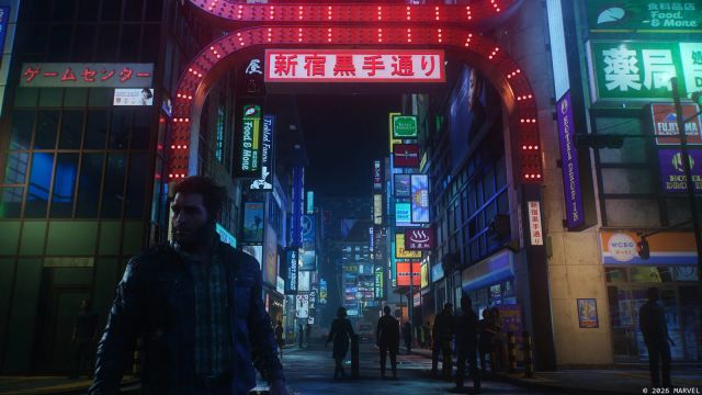 Logan stands beneath a red illuminated arch on a street lined with signs in Marvel's Wolverine