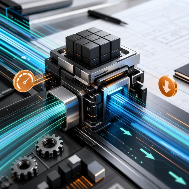 A sleek abstract model engine sends fast signal trails across an engineering workbench