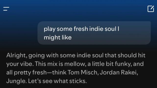 Spotify agent screen from the research paper showing a music request and the agent's reply