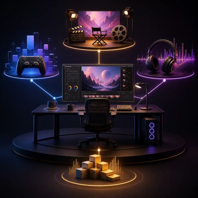 Creative studio workstations connected to a funding ledger and licensed media library controls