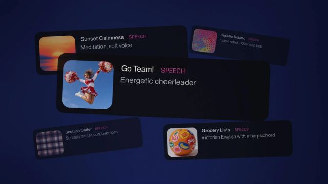 Speech example cards for a meditation, a cheerleader voiceover and other spoken tracks on a dark blue background