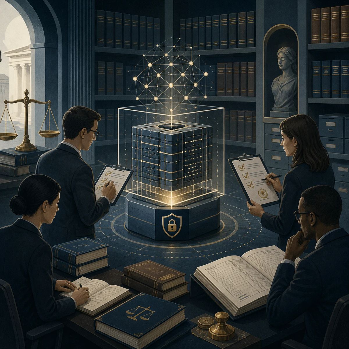 A secure professional research library with legal and tax materials surrounding a compact model core
