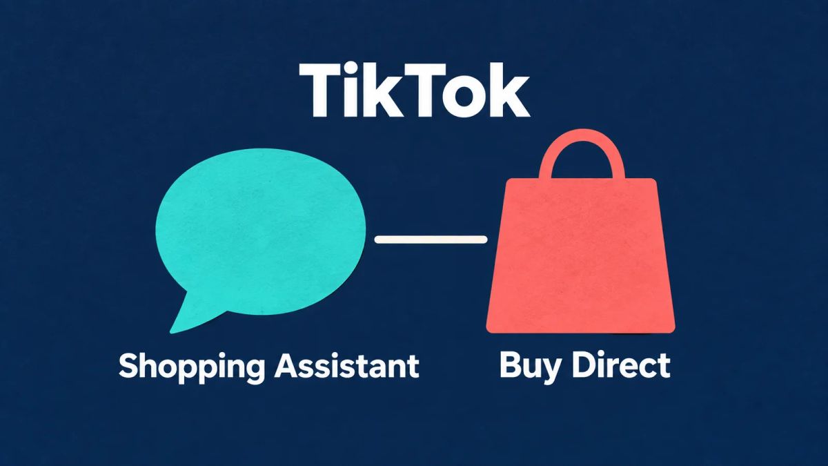 Illustration of a speech bubble labeled Shopping Assistant beside a shopping bag labeled Buy Direct under the name TikTok