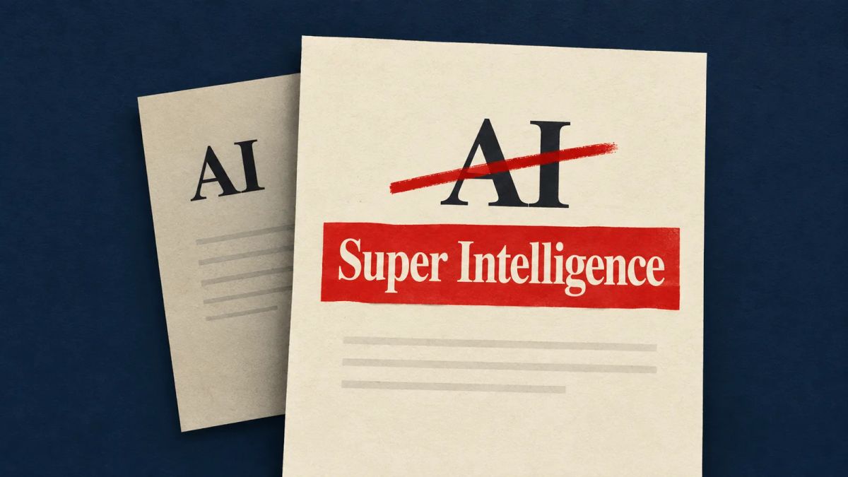 Illustration of AI crossed out on a policy page and replaced with Super Intelligence, with an older AI page behind it