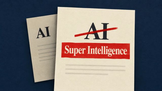 Illustration of AI crossed out on a policy page and replaced with Super Intelligence, with an older AI page behind it