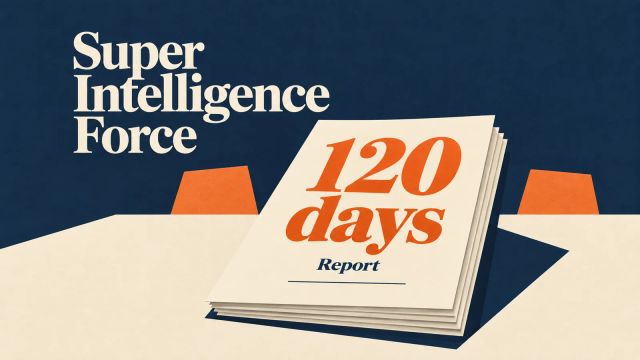 Illustration of a report marked 120 days beside the words Super Intelligence Force on a navy background