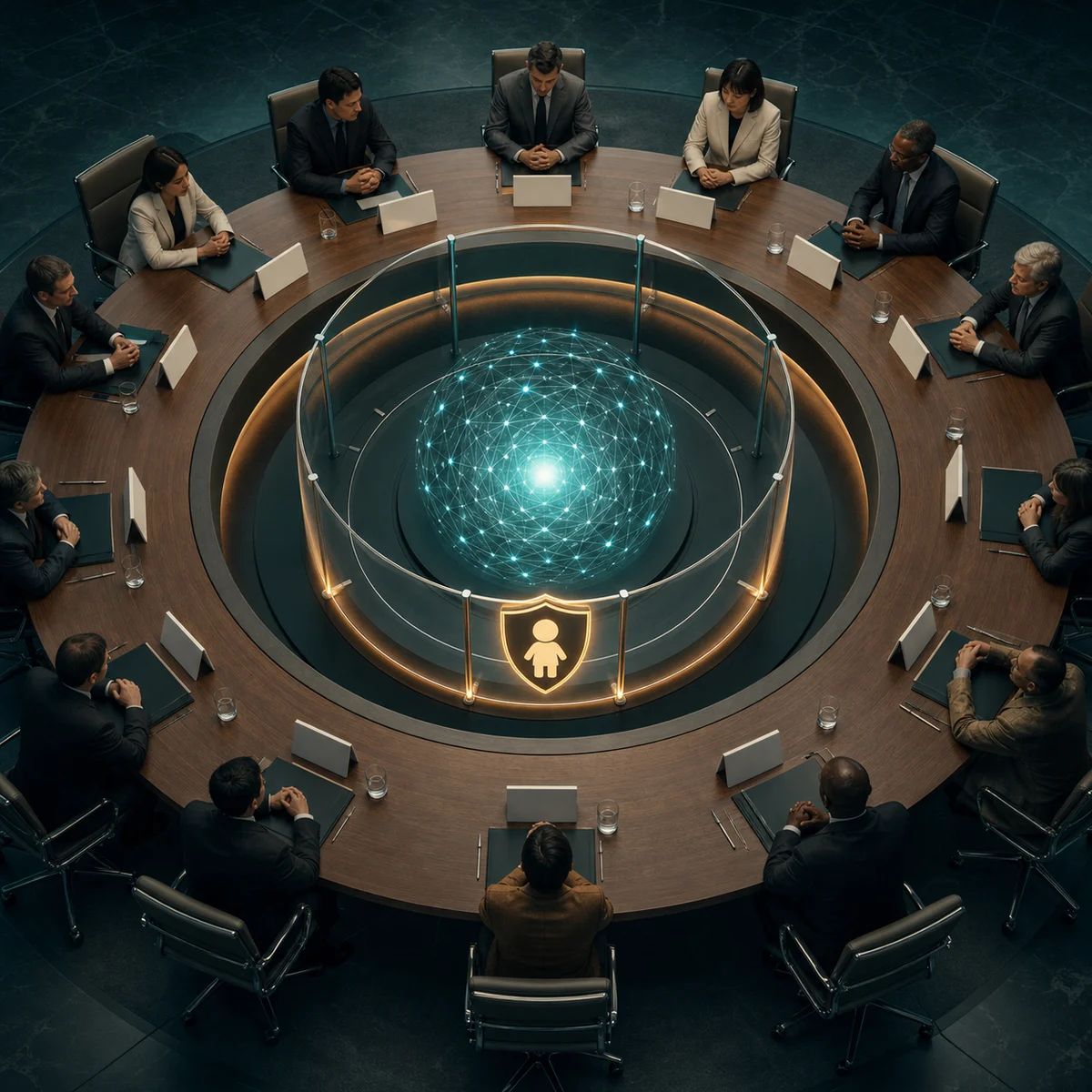 An international governance table surrounds a protected abstract AI core