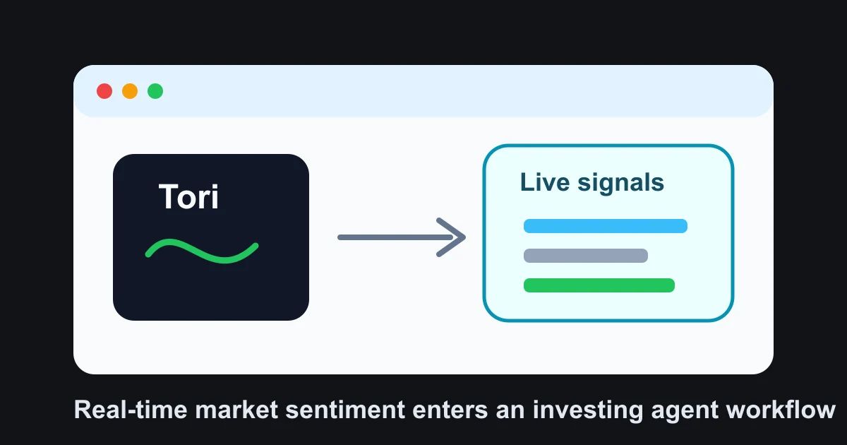 Editorial illustration of an investing agent reading real-time market signals from a live feed
