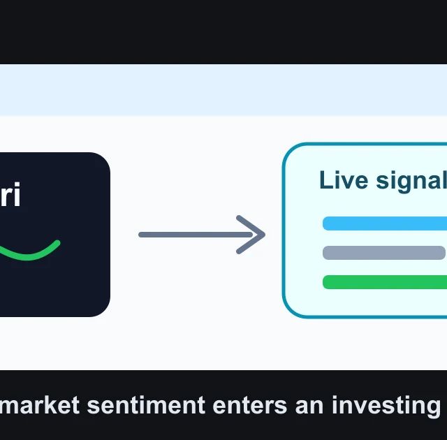Editorial illustration of an investing agent reading real-time market signals from a live feed