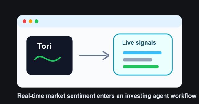 Editorial illustration of an investing agent reading real-time market signals from a live feed