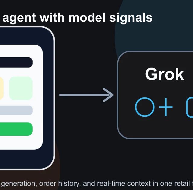 Editorial illustration of a mobile shopping agent connected to multimodal model signals