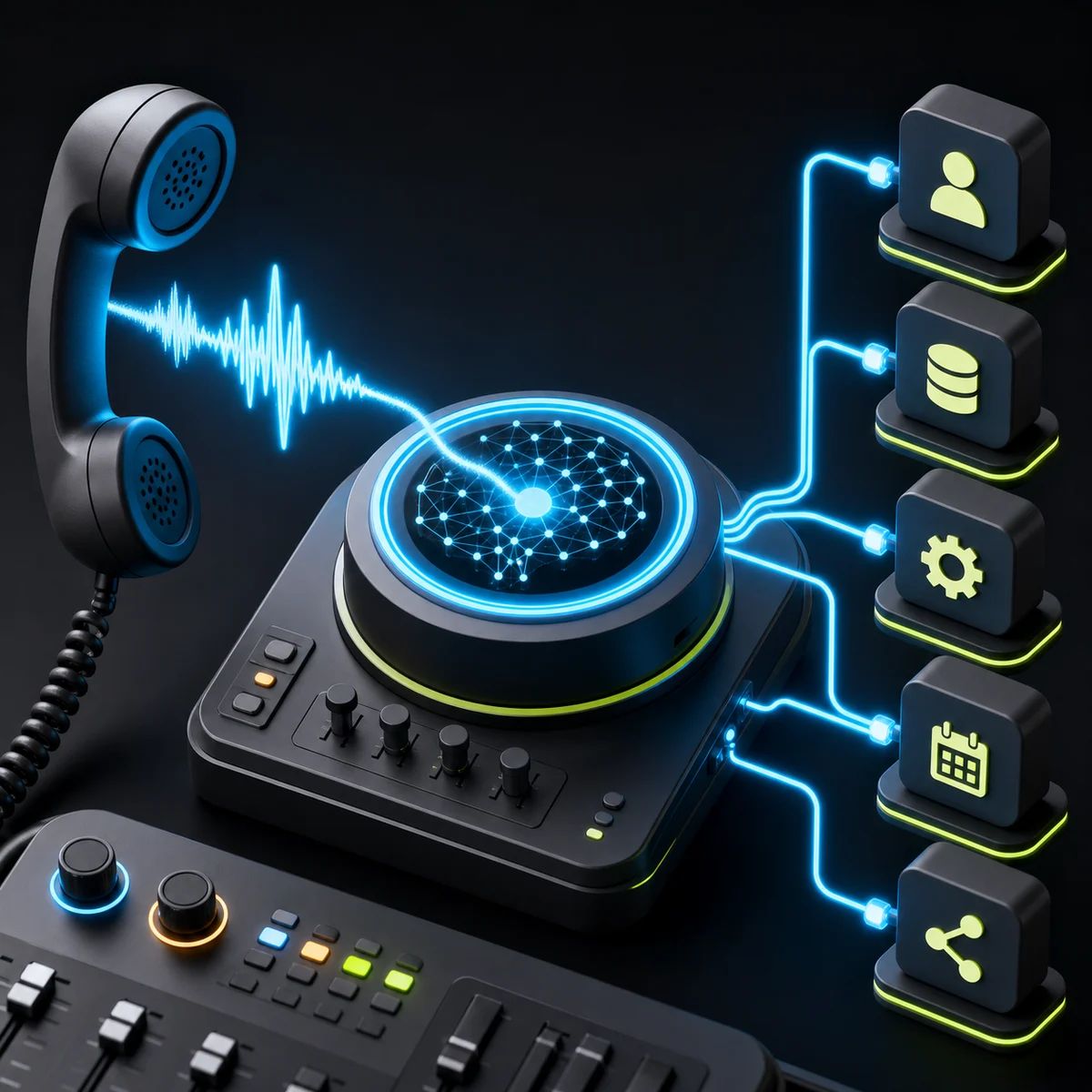 A voice waveform routes from a phone shape through an AI hub into tool connector blocks