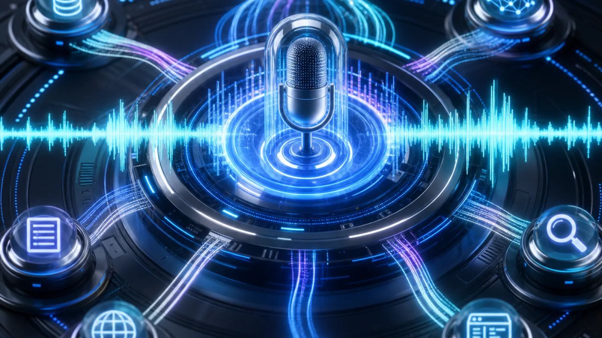 A luminous audio waveform splits into reasoning paths and connected tool nodes around a central voice signal