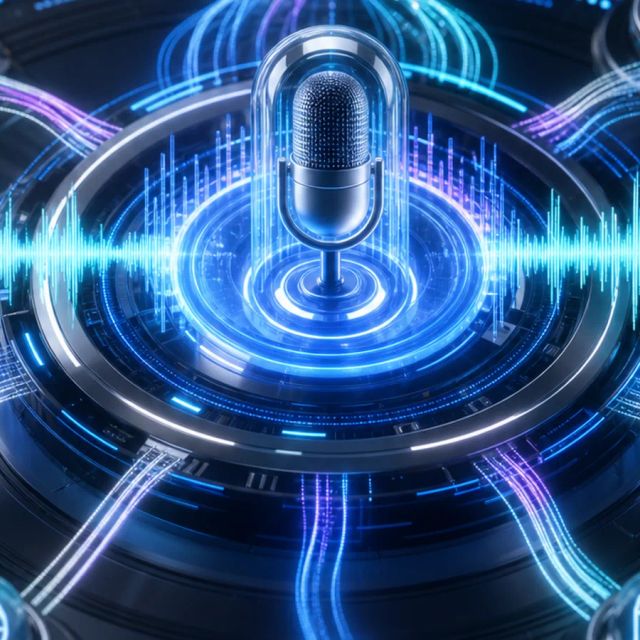 A luminous audio waveform splits into reasoning paths and connected tool nodes around a central voice signal