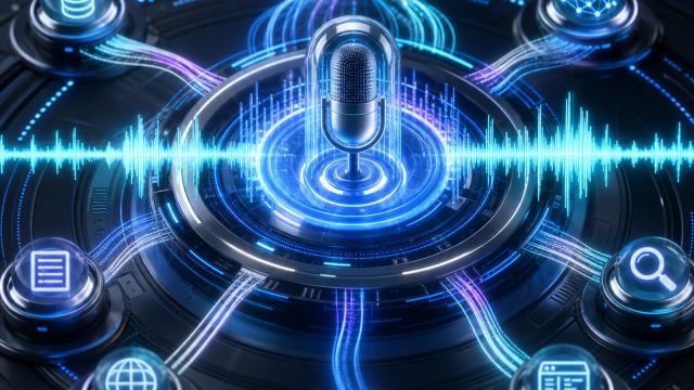 A luminous audio waveform splits into reasoning paths and connected tool nodes around a central voice signal