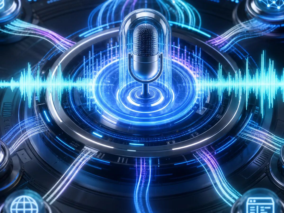 A luminous audio waveform splits into reasoning paths and connected tool nodes around a central voice signal