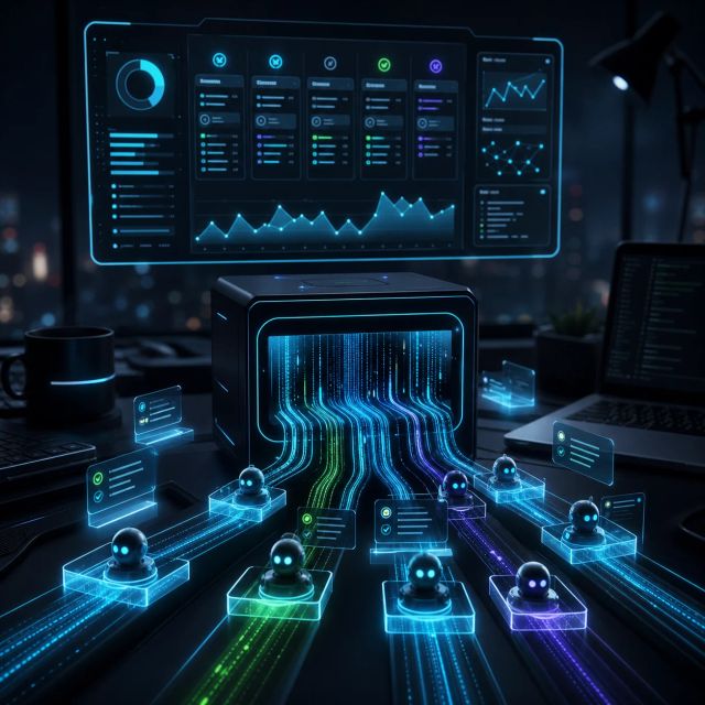 A dark developer terminal with multiple parallel agent session lanes flowing into a central dashboard