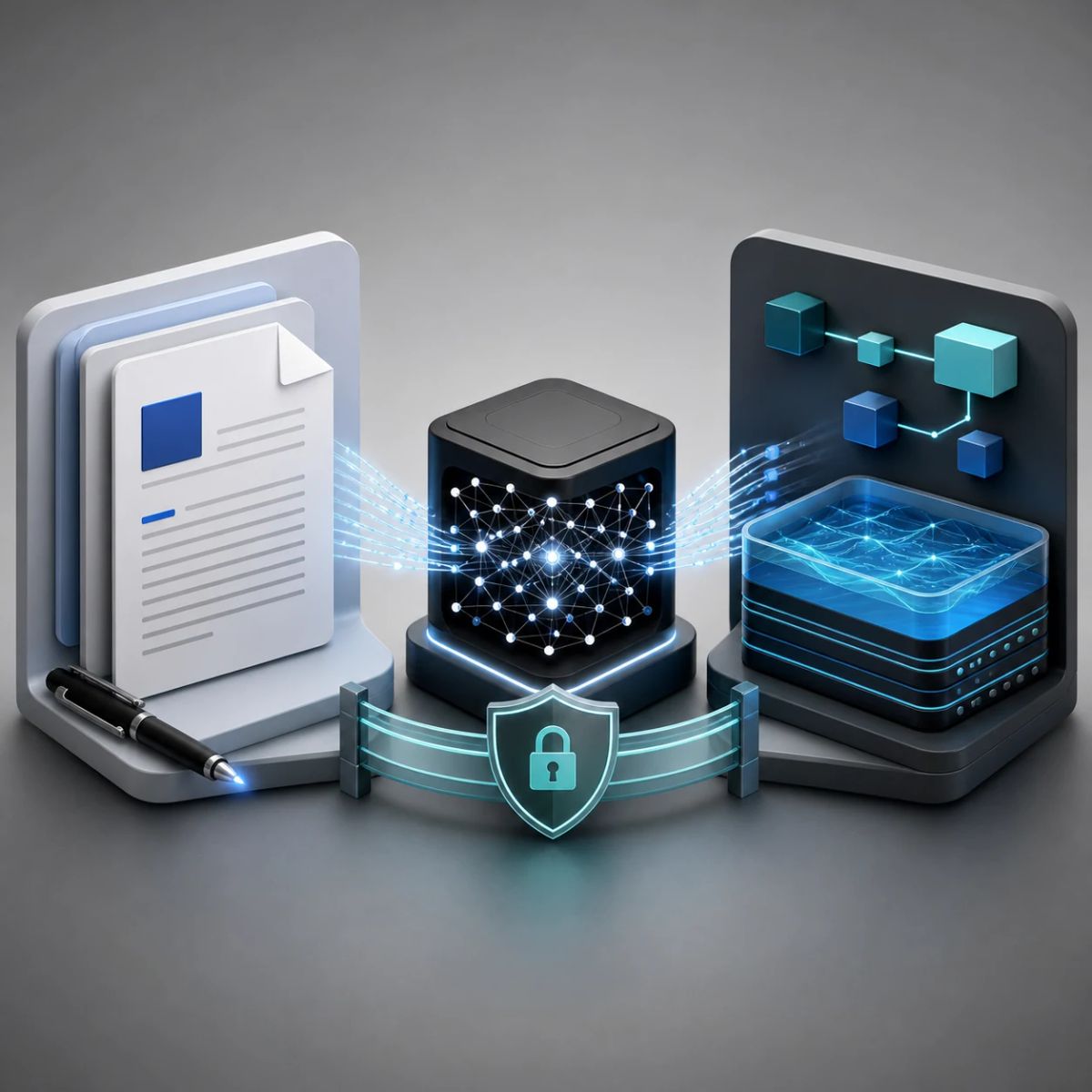 An AI model core links a blank document stack to a governed data-agent platform