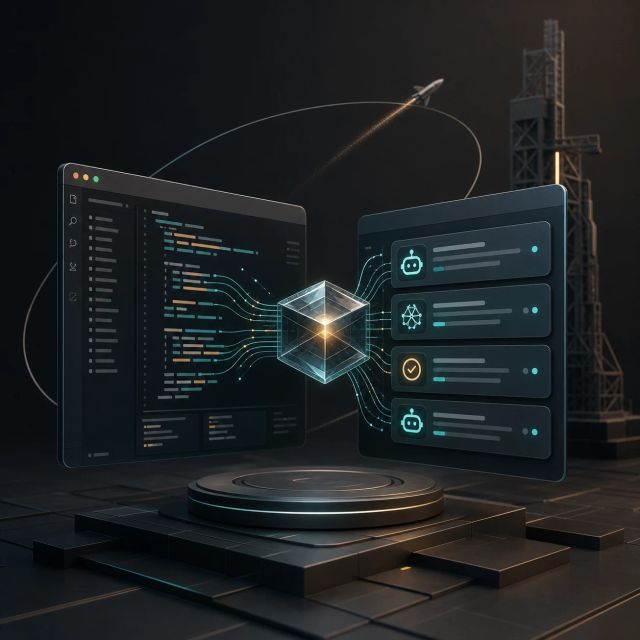 Generated editorial illustration of an AI coding interface connected to orbital compute infrastructure