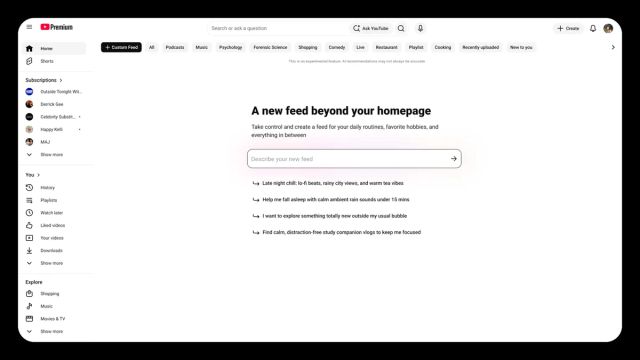 YouTube's Custom Feed creation screen with a prompt box and example requests