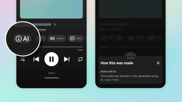 AI label beneath a YouTube Music player beside an open panel explaining how a track was made
